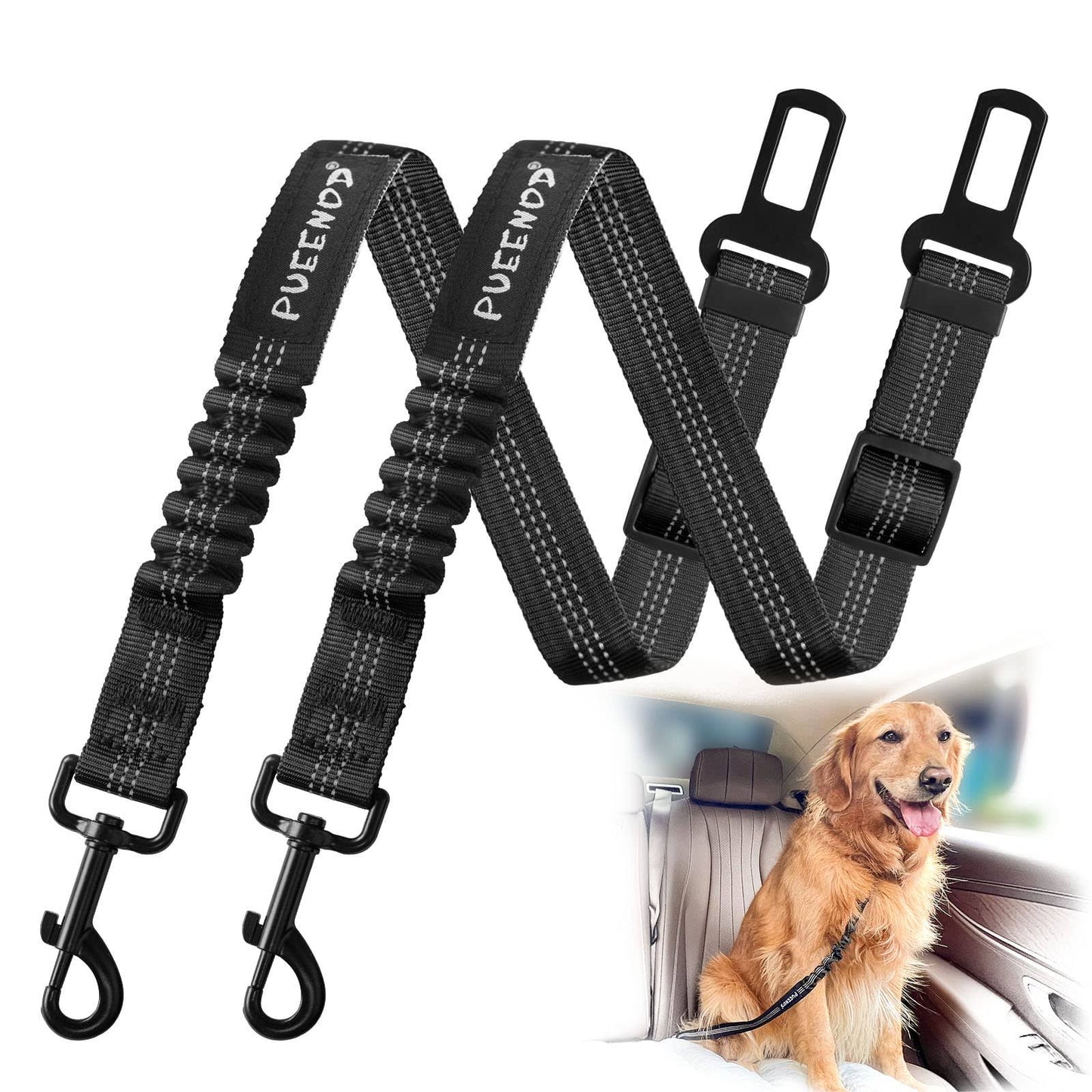 2 Pack Dog Seat Belt Adjustable Dog Car Seatbelts For Vehicle Nylon Pet Safety Seat Belt With Elastic Bungee Buffer Reflective & Durable Car Harness