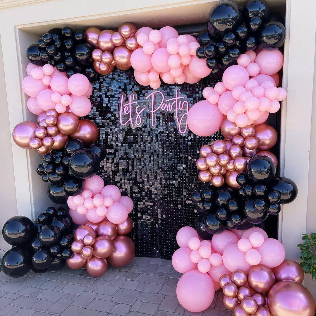 Pink Black Balloon Garland Double Stuffed Metallic Rose Gold Balloon Pink 4D Foil Balloons Latex Pastel Baby